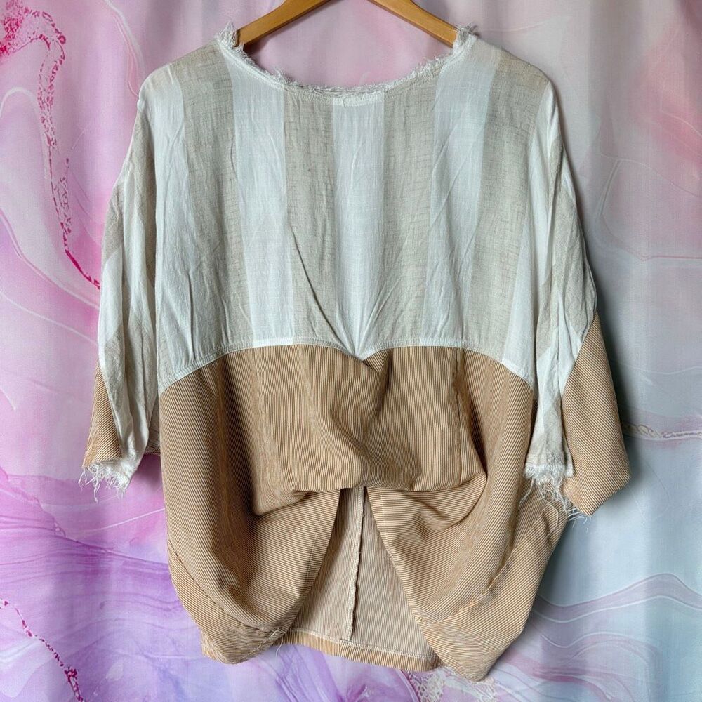 Umgee S White Tan Stripes Colorblock Boxy Oversized Blouse Top Coastal Preppy